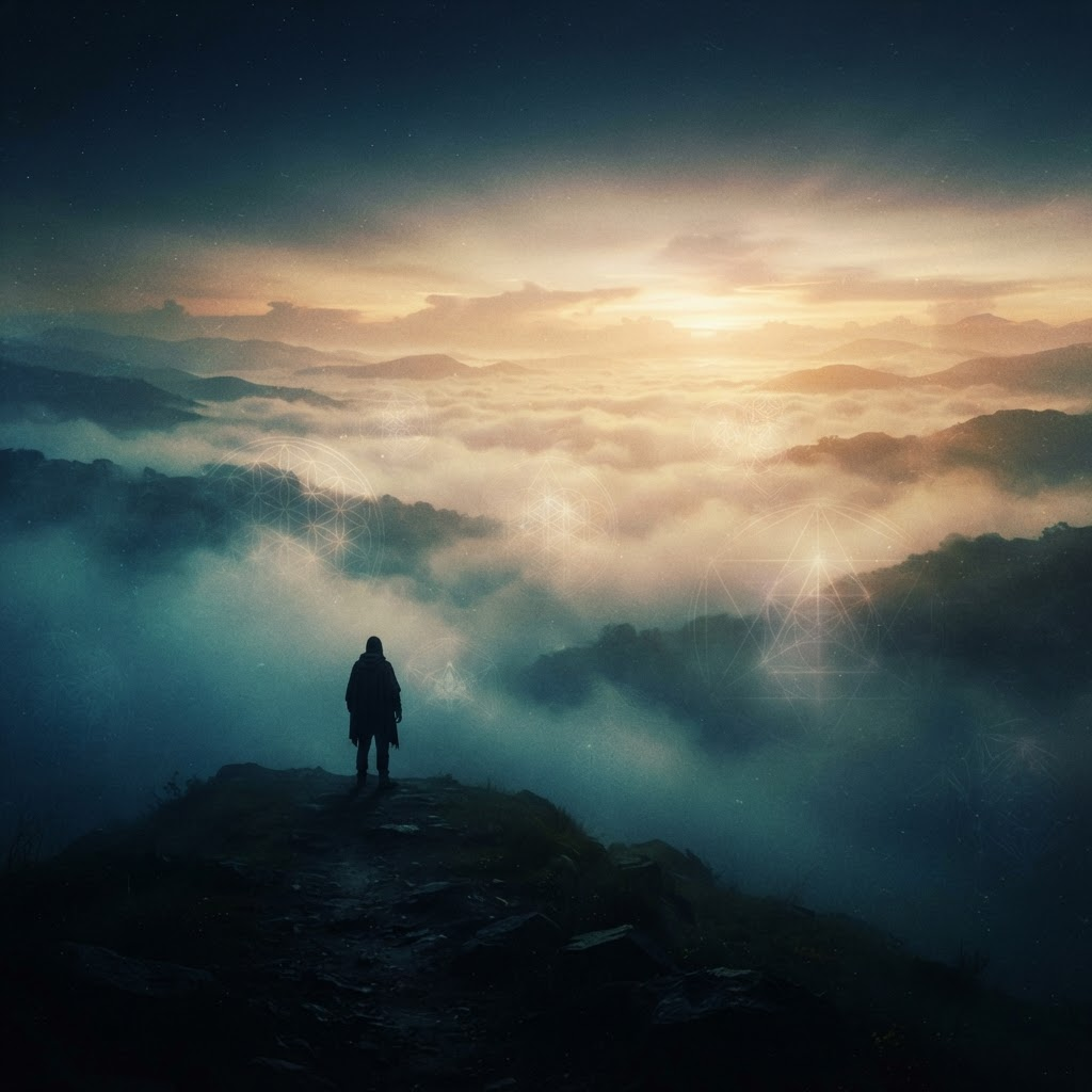 A lone figure standing in vast luminous fog at dawn, facing a soft break of warm golden light on the horizon