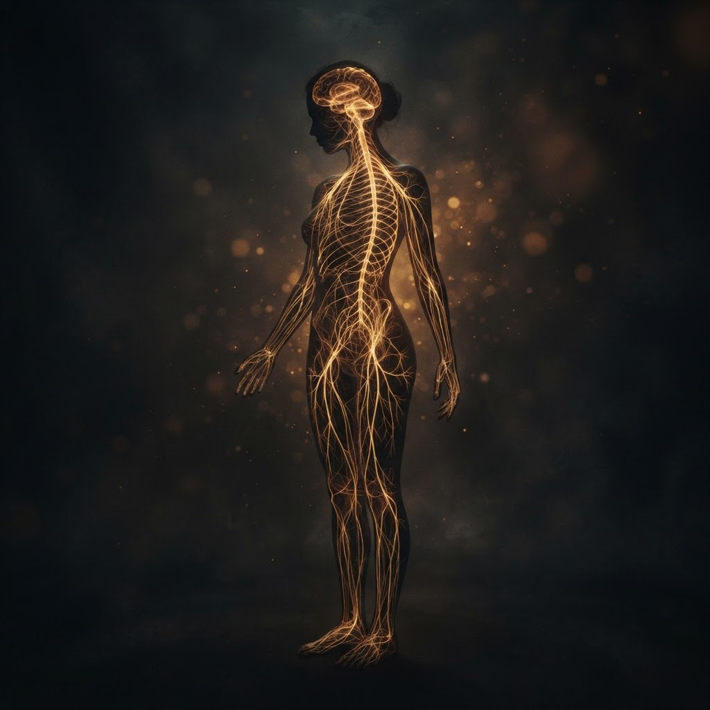 The nervous system and fascia rendered as fine threads of warm golden light