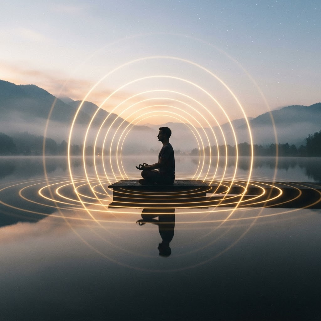 A lone figure seated in meditation on still water at dawn, golden vibration rings radiating outward from the body