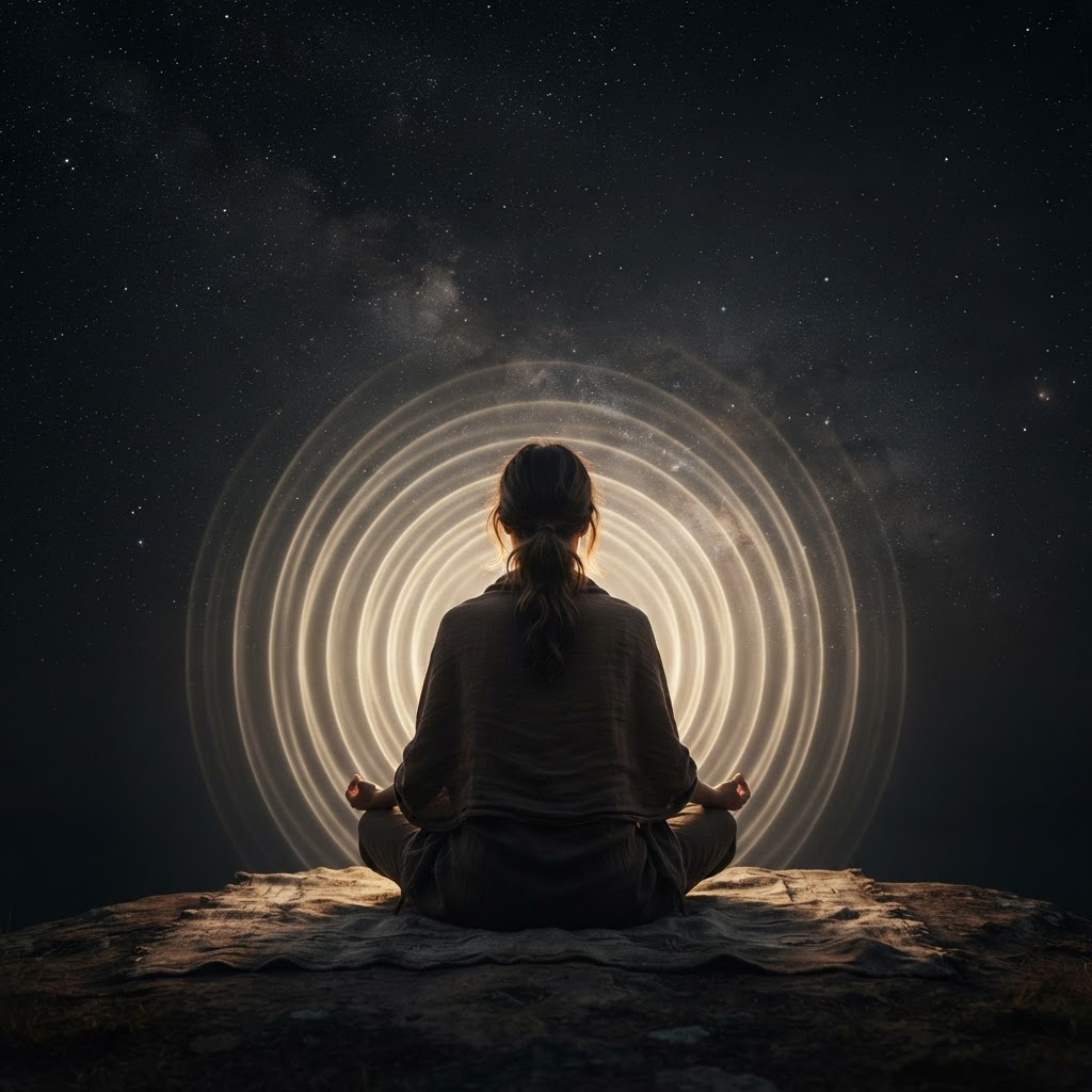 A person in quiet meditation surrounded by radiating waves of warm light