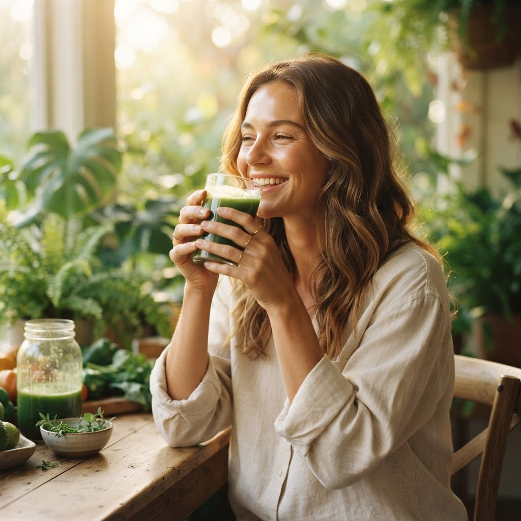 A radiant, healthy person drinking a fresh green juice in soft morning light