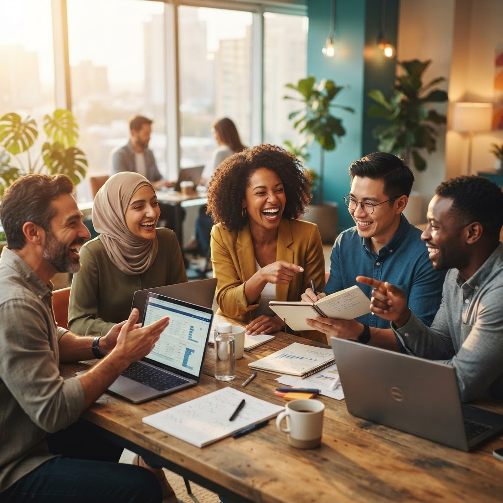 A dynamic, diverse team collaborating with energy and joy in a bright workspace