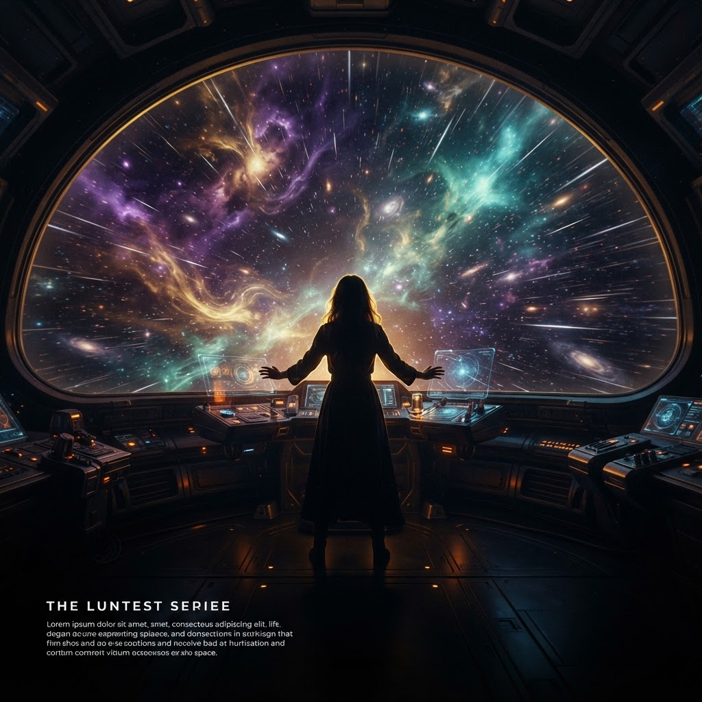 A lone figure at the helm of an ethereal spacecraft, hurtling forward through a mystical cosmos