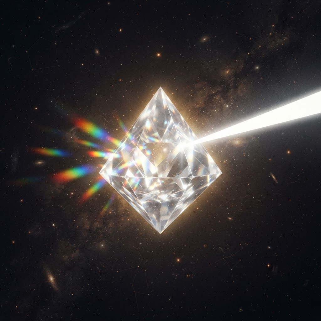 A crystalline prism in deep space, fragmented rainbow light entering and a single coherent ray of white light emerging