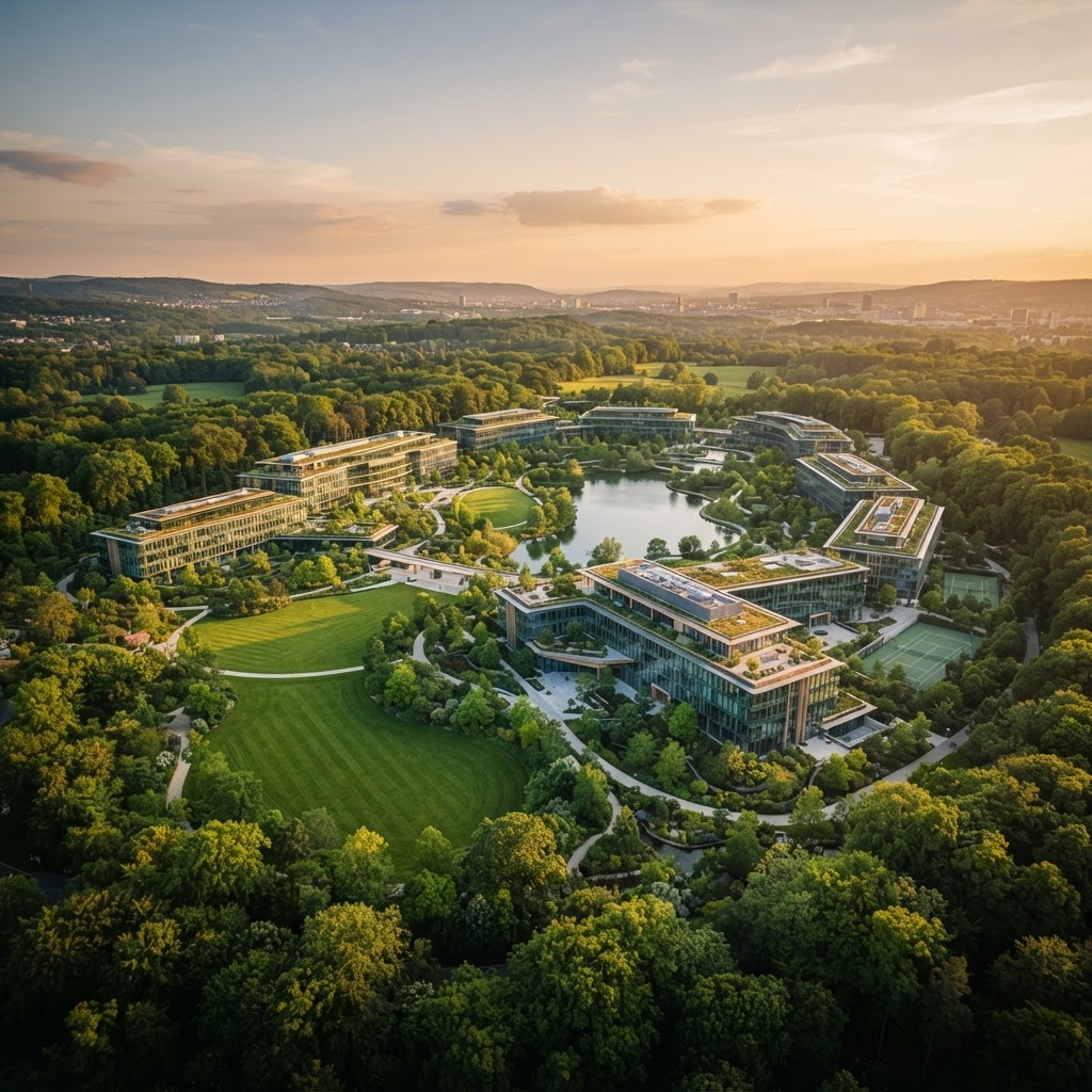 Aerial view of a large green corporate campus surrounded by lush forest at golden hour