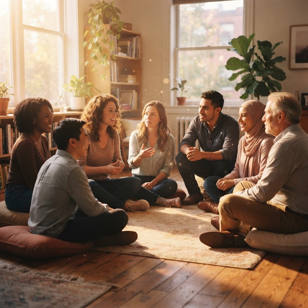 A diverse group of employees in a sunlit circle, in genuine present conversation
