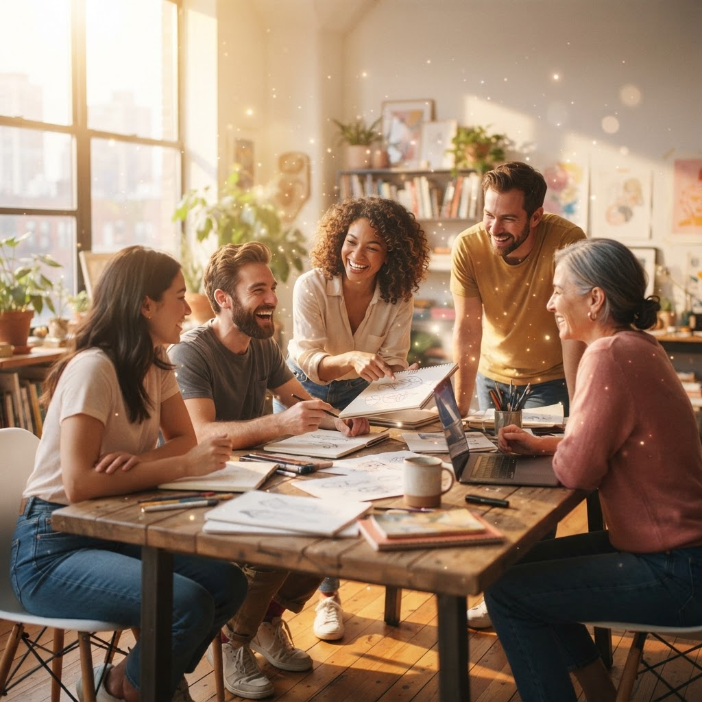Individuals collaborating in vibrant, present-moment flow