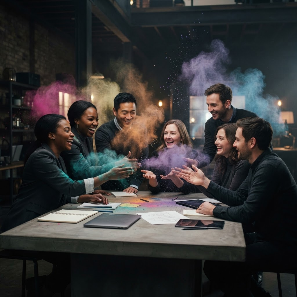 A diverse team collaborating around a table as vivid particles of colored light and powder explode around and through them