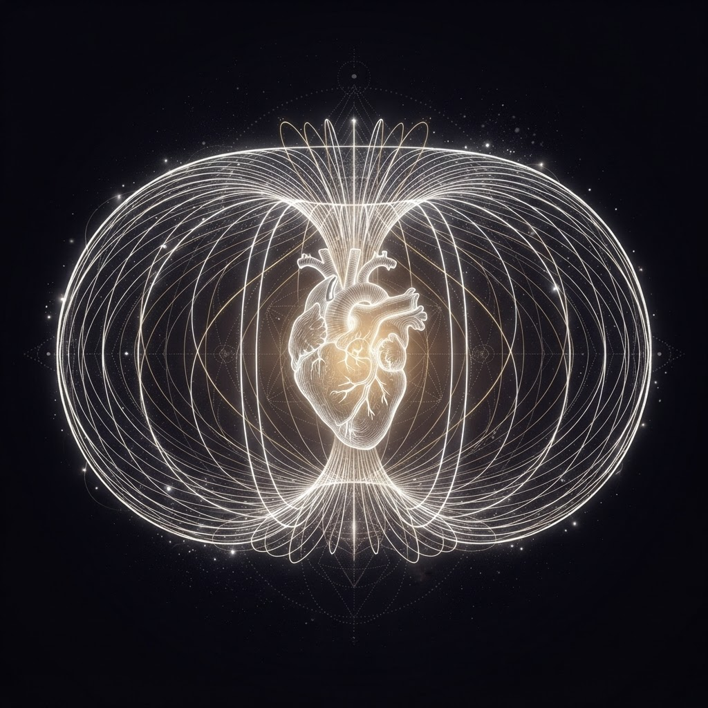 A luminous anatomical heart glowing with golden light at the center of a white toroidal energy field