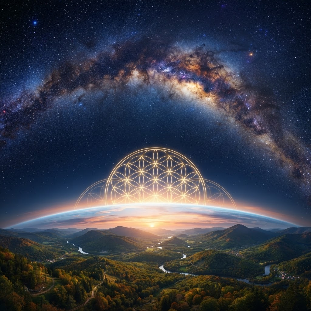 A vibrant, deep Milky Way galaxy arcing over a luminous golden flower of life rising above the glowing curved horizon of a living green landscape at dawn