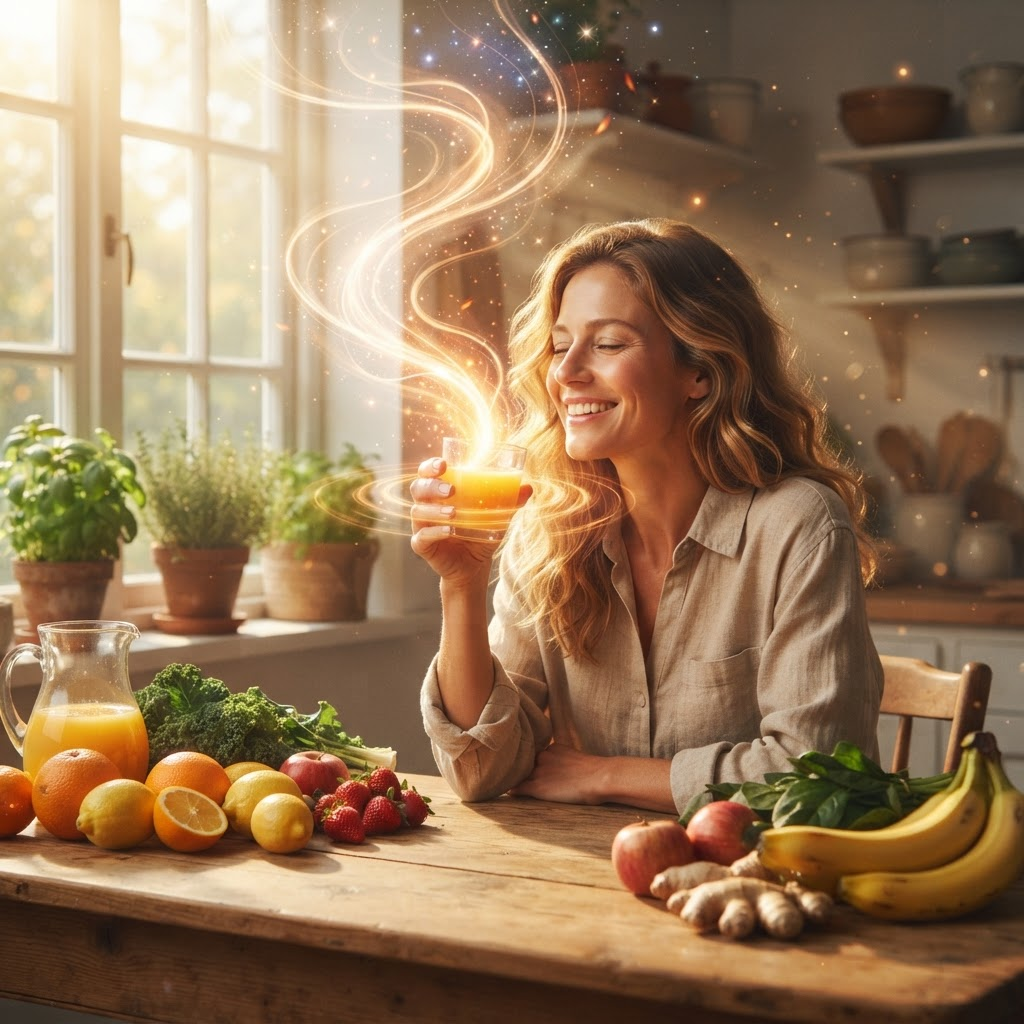 A smiling woman in a sunlit kitchen raising a glass of fresh juice, radiant ribbons of golden light spiralling upward from the glass amid an abundance of fruit and vegetables
