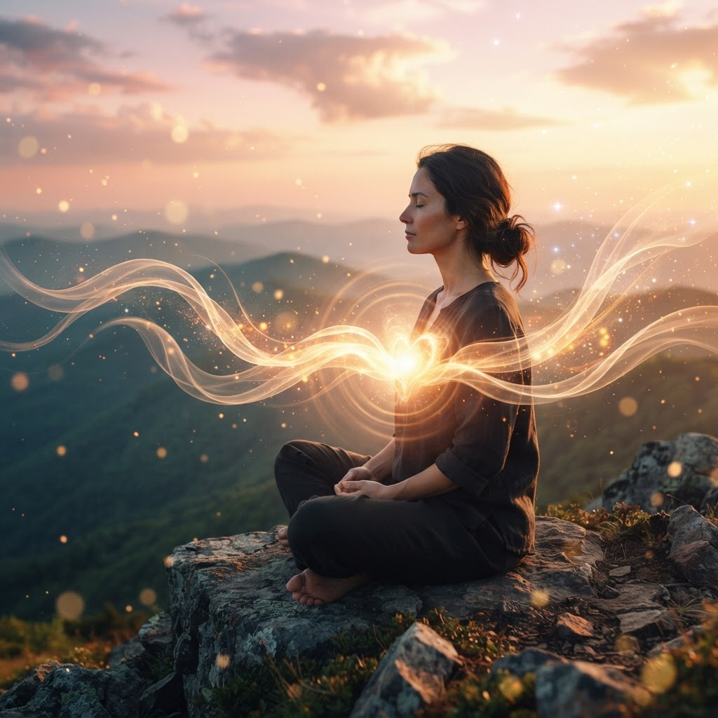 A woman meditating on a mountain summit at golden-hour sunset, radiant ribbons of golden light streaming outward from her heart across the valley in a heart-shaped swirl