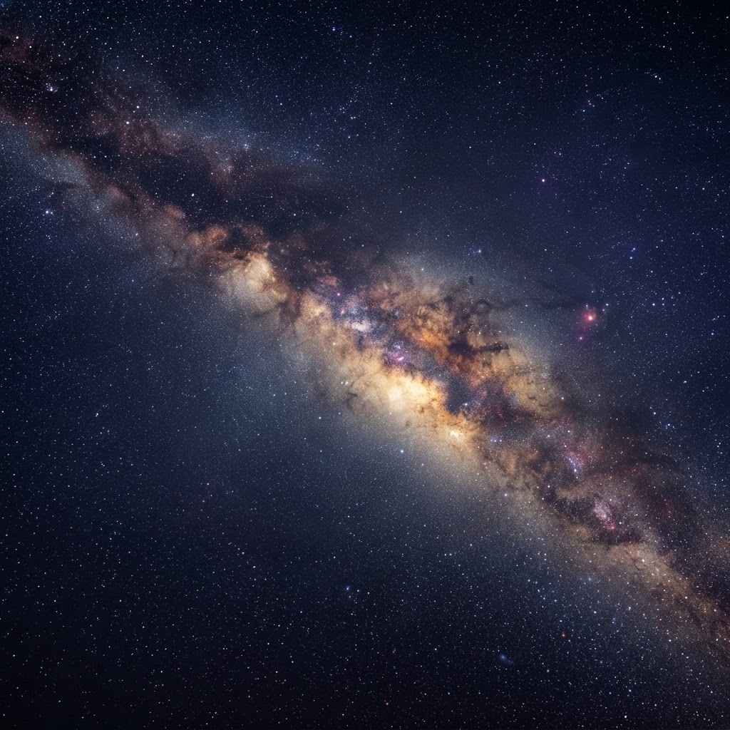 The Milky Way galaxy arching across a deep night sky, its luminous golden core dissolving into countless stars and cosmic dust