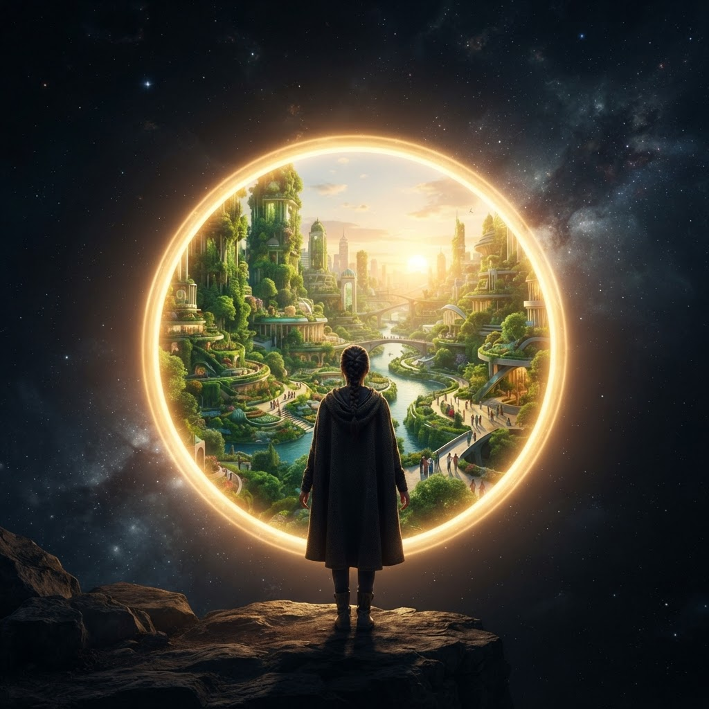 A person facing a glowing circular portal that opens onto a thriving green future city woven with nature, rivers, and gathering people